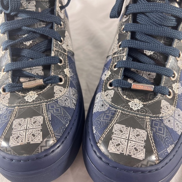 JIMMY CHOO Navy Blue Pattern Canvas Leather High Top Sneakers Marked as 45 12US - Picture 7 of 15